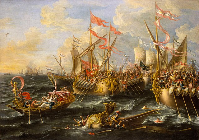 악티움(Actium) 해전에서 안토니우스와 클레오파트라 연합군을 물리치고 승리한  옥타비아누스, 출처 = Wikimedia Commons