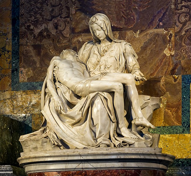 성 베드로 성당에 있는 미켈란젤로의 피에타(1498~1499) 조각상, 출처 = Wikimedia Commons